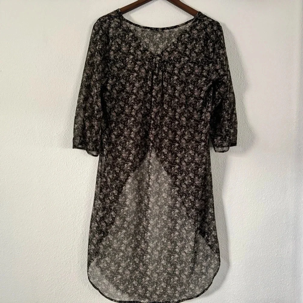 Boho Floral Kimono Blouse Sheer High Low Button Front Dressy Top Small - Picture 12 of 14